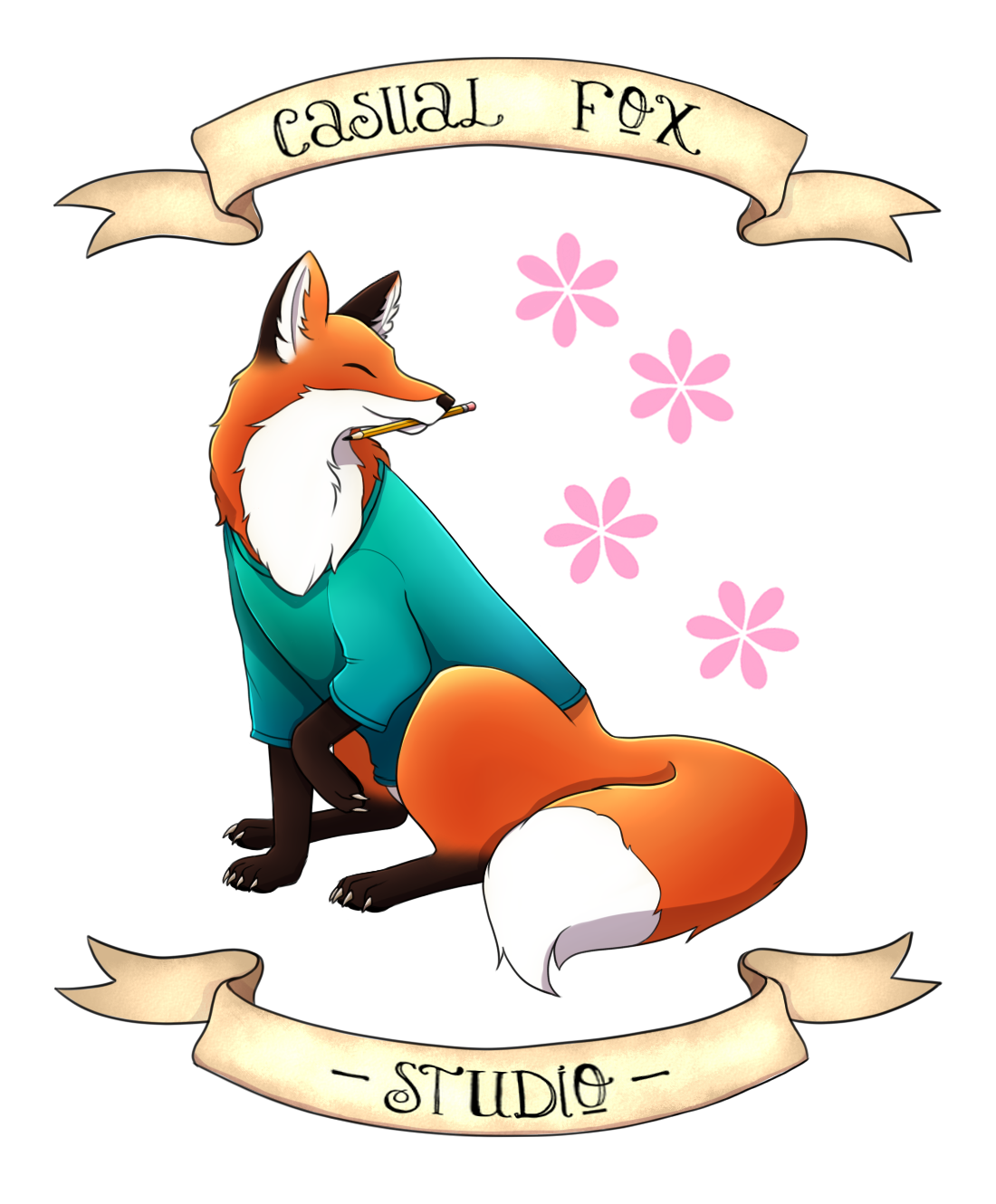 a fox with a pencil in its mouth between two banners that read Casual Fox Studio